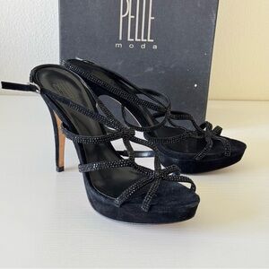 Pelle Moda Black Stiletto Heels with Crystals, Strappy Design, Size 8.5